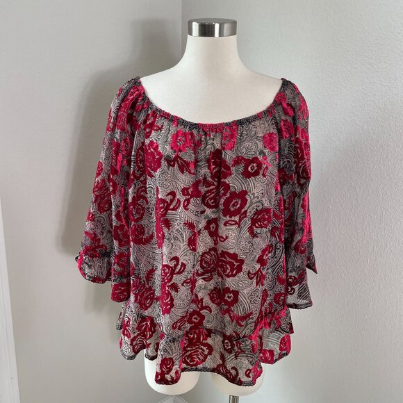 Democracy Womens Plus 1X Off The Shoulder Sheer Crushed Velvet Floral Top Shirt - Picture 6 of 14